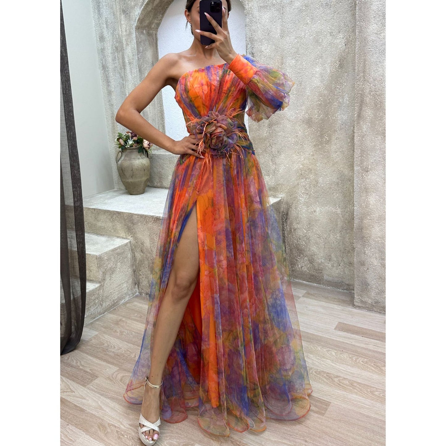 Floral one-shoulder flowy long-sleeved dress