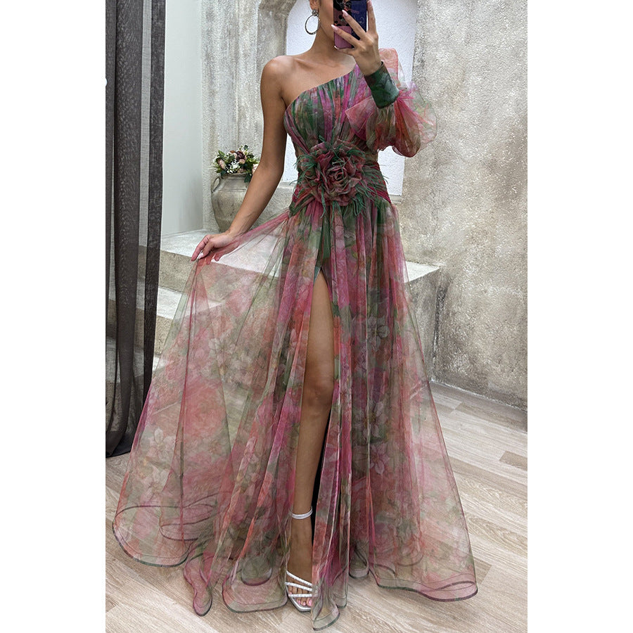 Floral one-shoulder flowy long-sleeved dress