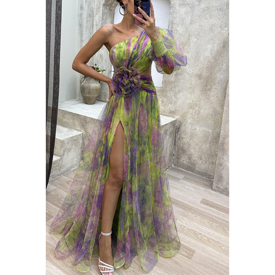 Floral one-shoulder flowy long-sleeved dress