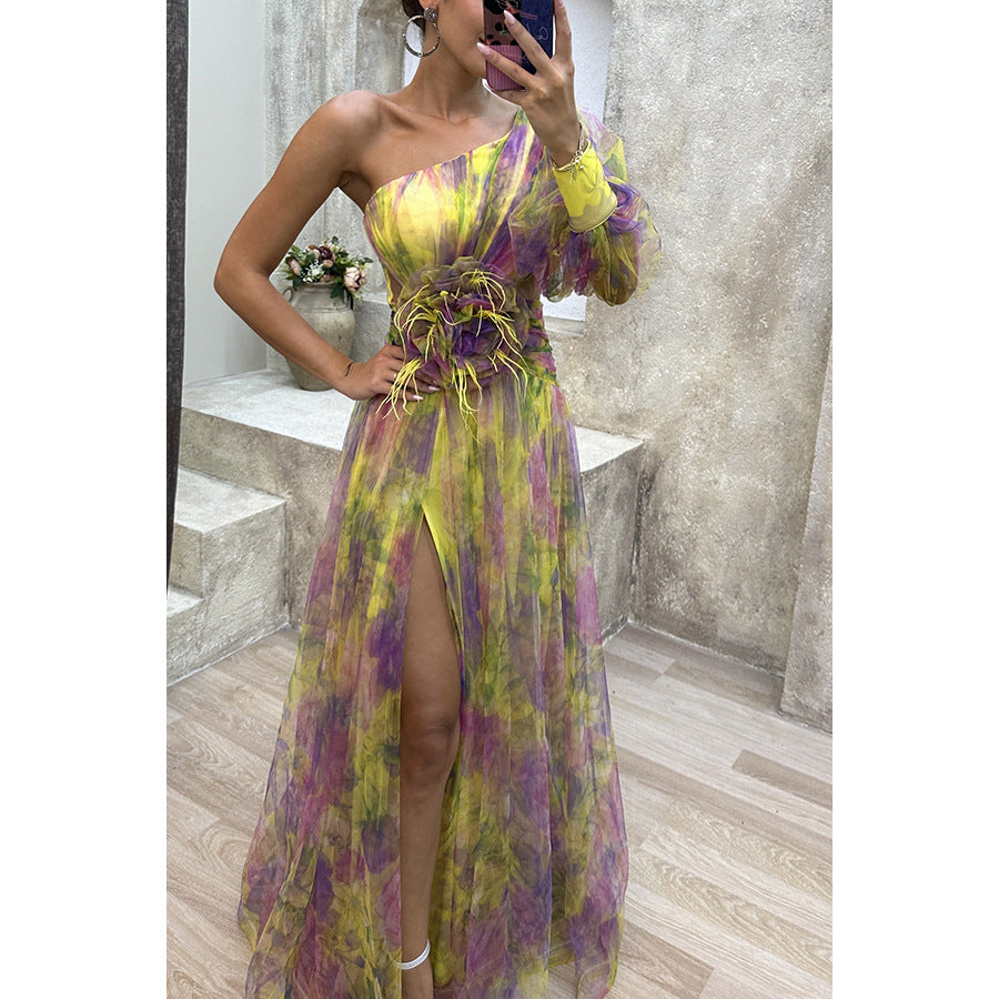 Floral one-shoulder flowy long-sleeved dress