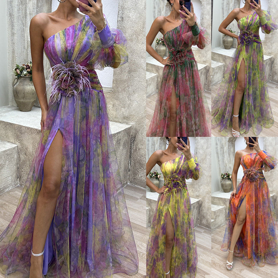 Floral one-shoulder flowy long-sleeved dress